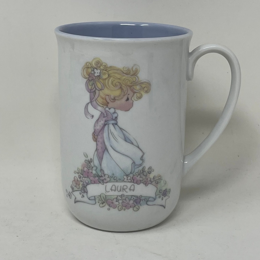 Vintage 1989 Precious Moments Laura Name Mug Enesco Ceramic Coffee Cup Blue